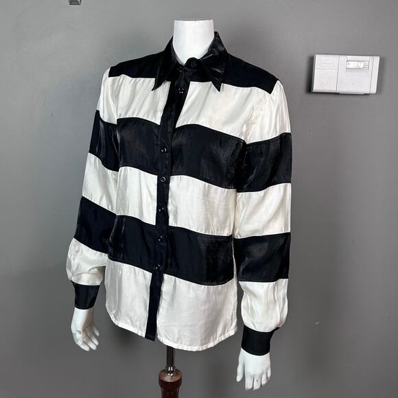 Escada top blouse size 6 / small silk stripe black white Beetlejuice - Picture 1 of 13